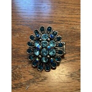 YUHONG Blue Rhinestone Stretch Statement Art Deco Ring Signed Silver Tone